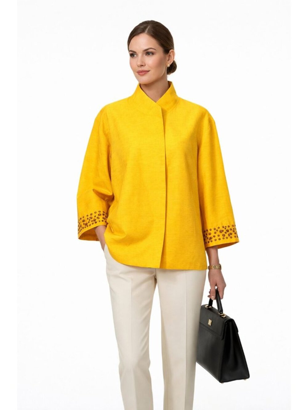 Birch Hill Yellow Silk Cardigan Jacket Embellish Cuff Mandarin Collar Women XL